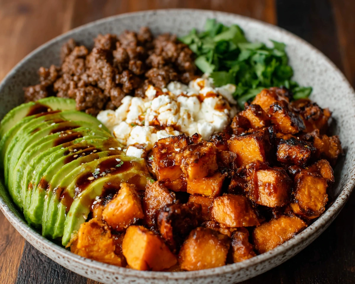 Ground beef sweet potato cottage cheese bowl with toppings