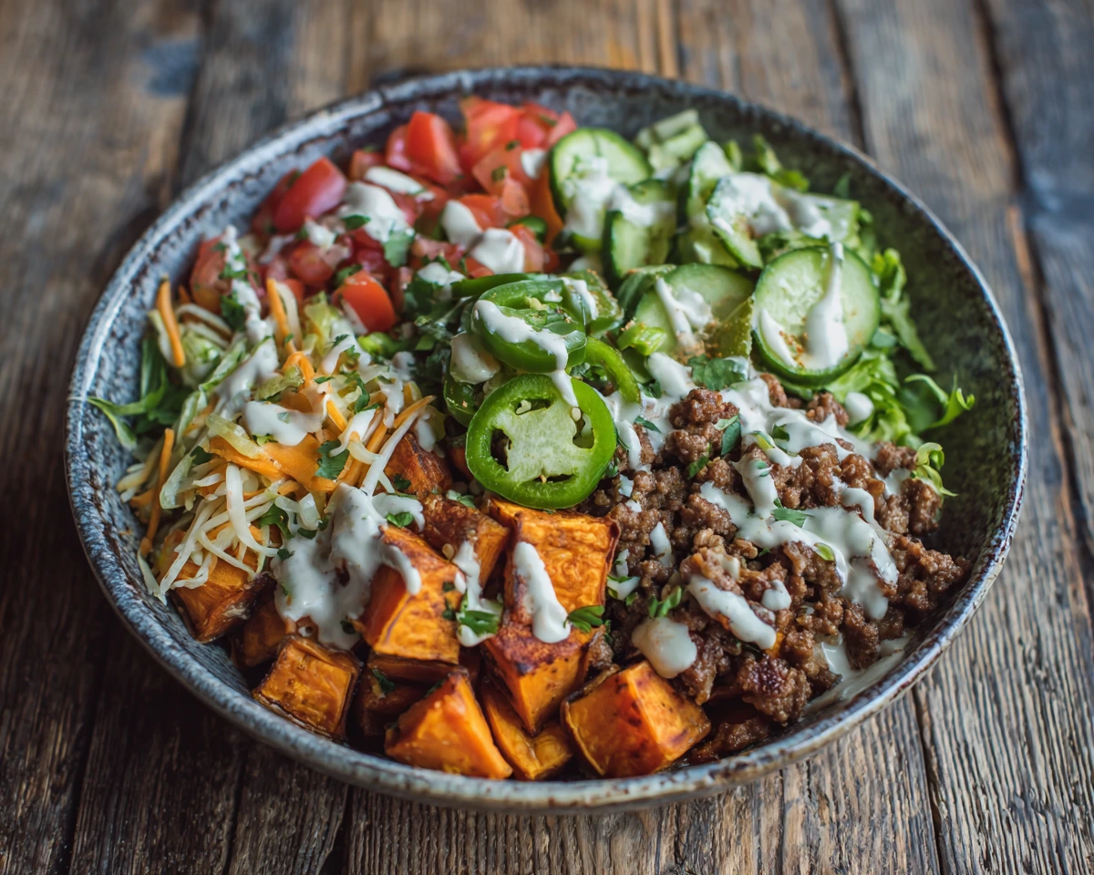 Sweet potato protein bowl recipe with ground beef and colorful toppings