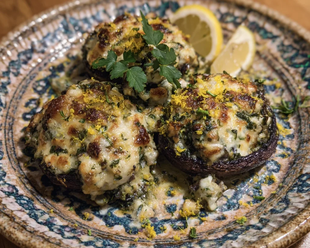 Plated baked mushrooms with stinging nettle cheese