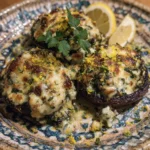 Plated baked mushrooms with stinging nettle cheese