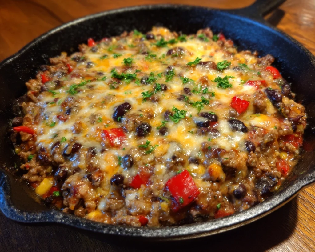 Ground beef and veggies cooking in a skillet