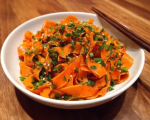 carrot ribbon salad with soy dressing and chili crisp