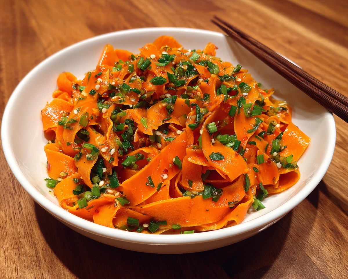 carrot ribbon salad with soy dressing and chili crisp