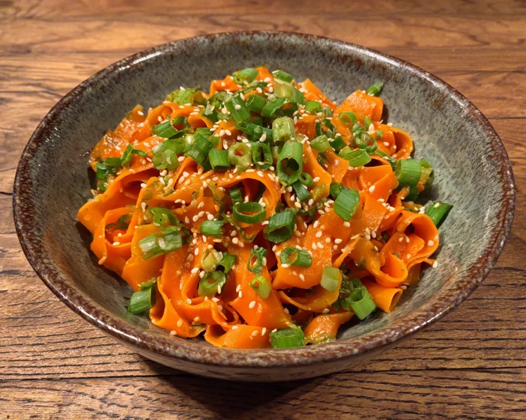 finished carrot ribbon salad garnished with sesame and scallions