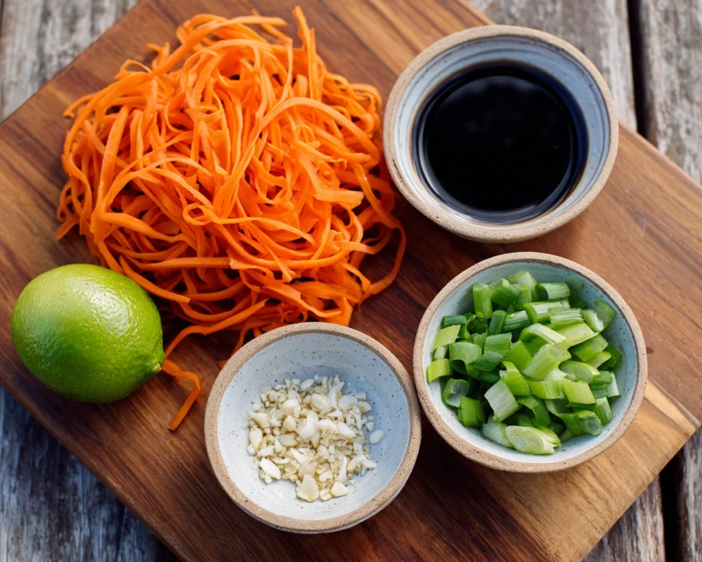 Carrot salad ingredients on cutting board