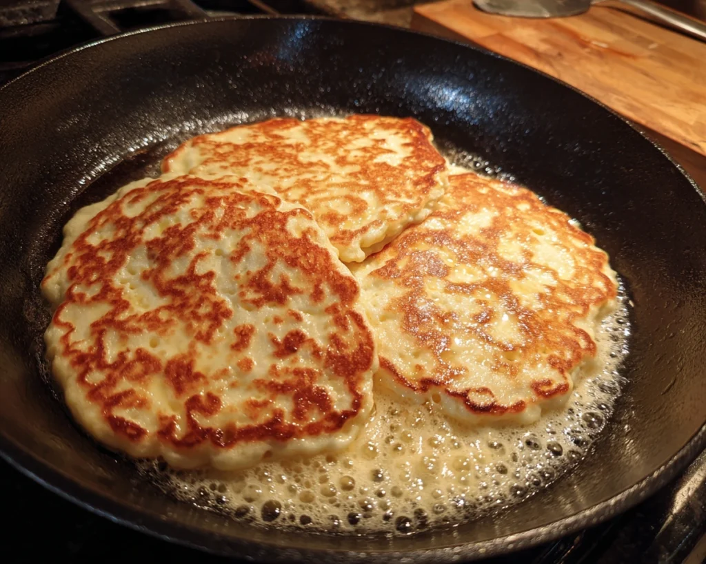 Cottage cheese pancakes flourless cooking in skillet with golden edges