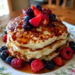 Cottage cheese pancakes flourless stacked with syrup and berries