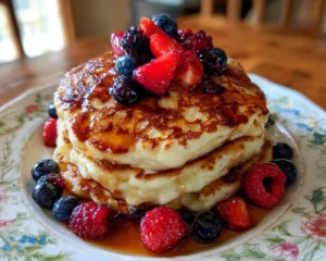 Cottage cheese pancakes flourless stacked with syrup and berries
