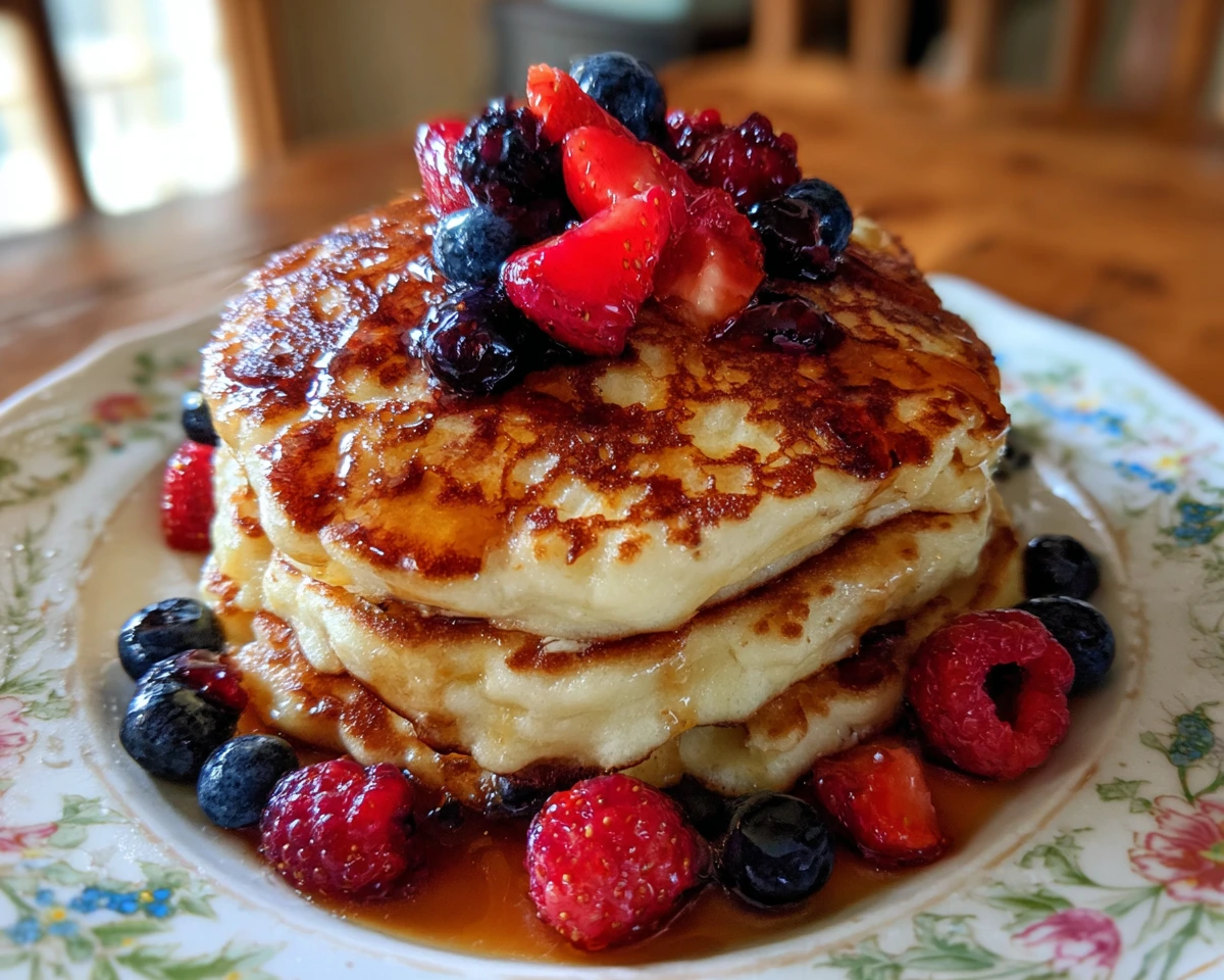 Cottage cheese pancakes flourless stacked with syrup and berries
