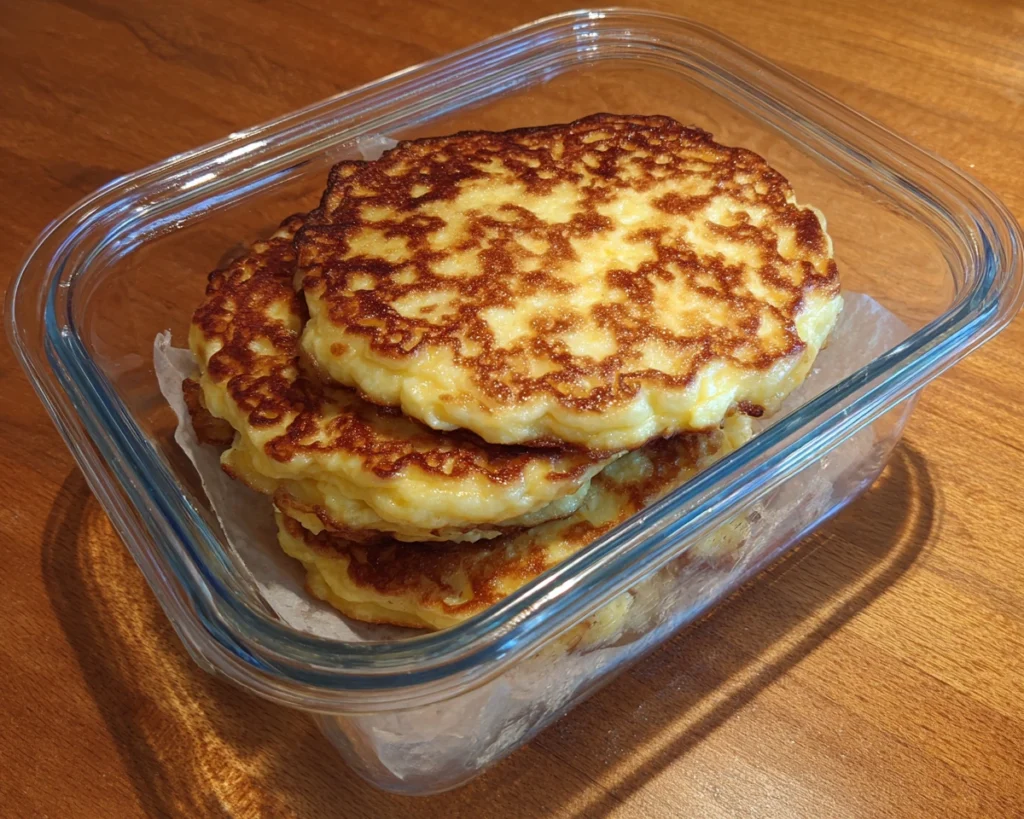 Cottage cheese pancakes flourless stacked in meal prep containers