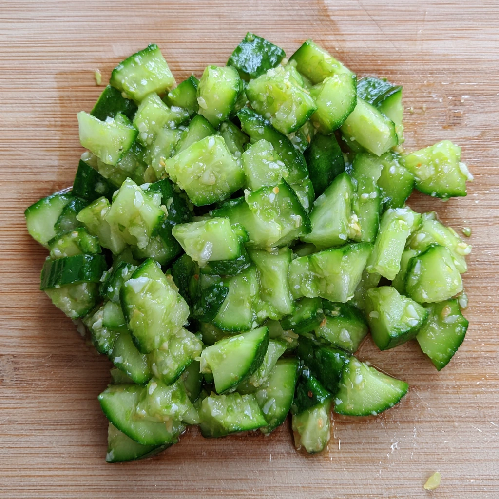 smashed cucumber on cutting board