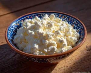 Bowl of dry curd cottage cheese with fresh herbs on a rustic kitchen table