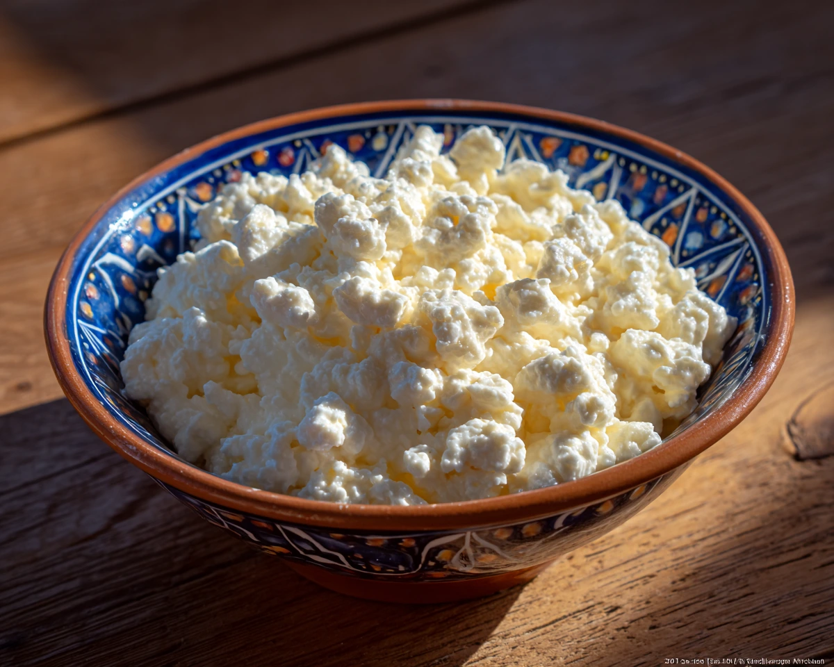 Bowl of dry curd cottage cheese with fresh herbs on a rustic kitchen table