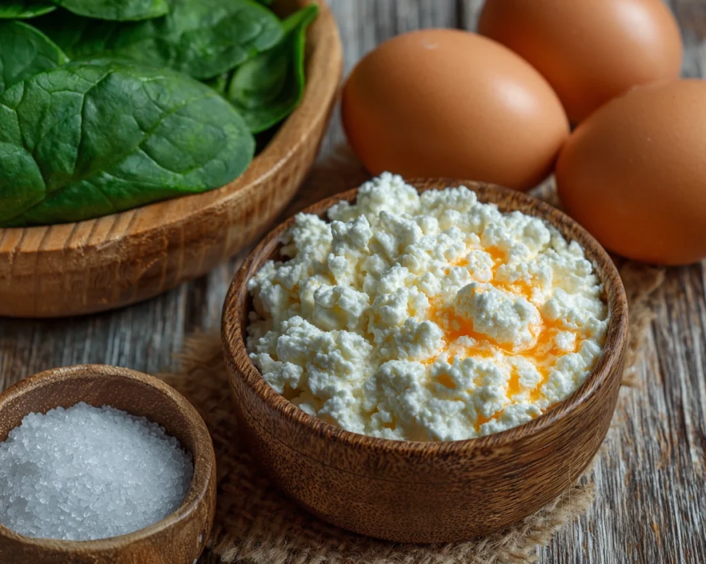 Dry curd cottage cheese with classic prep ingredients: eggs, sweet potato, spinach, and sea salt