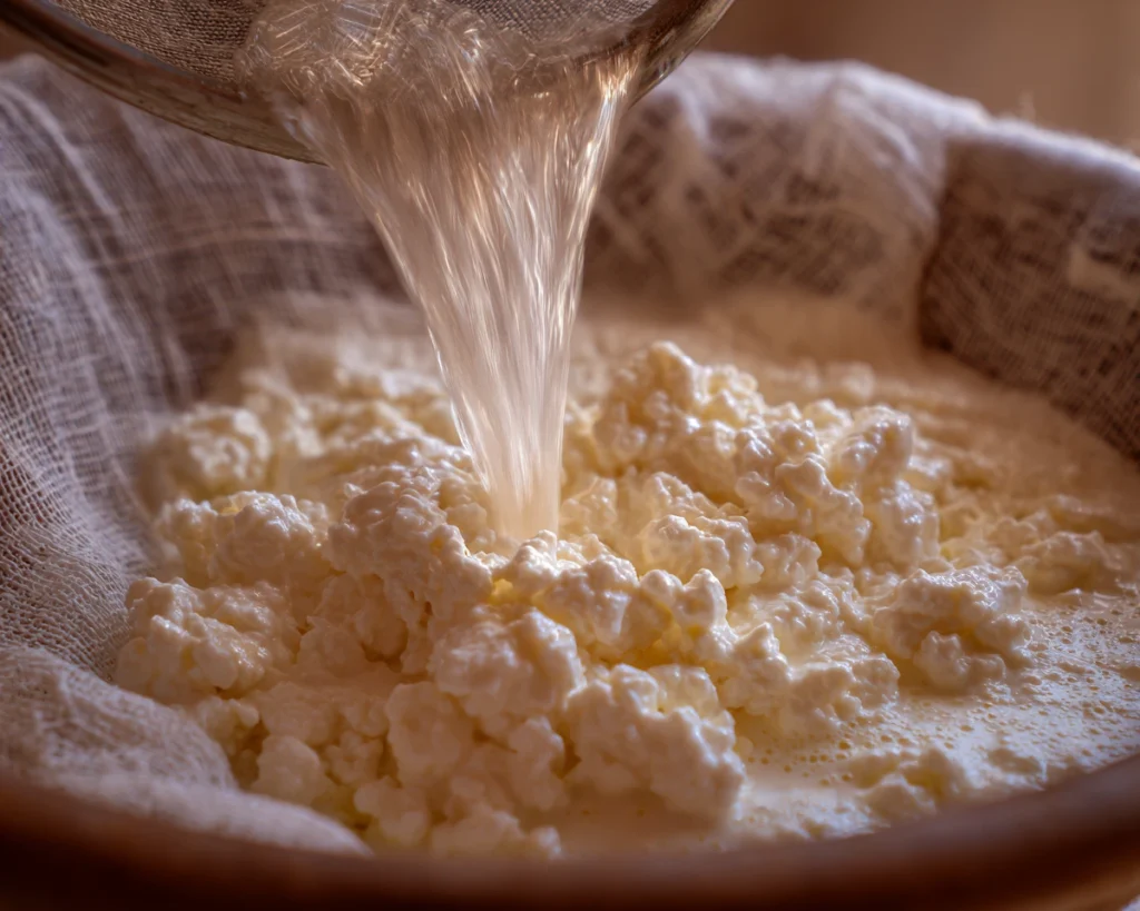 Draining small-curd cottage cheese in cheesecloth to create a homemade dry curd version
