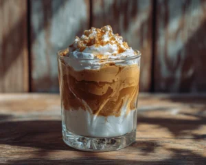 Frozen dalgona coffee in glass over iced oat milk