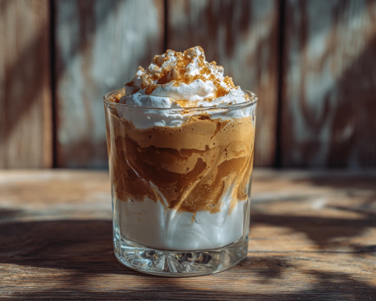 Frozen dalgona coffee in glass over iced oat milk