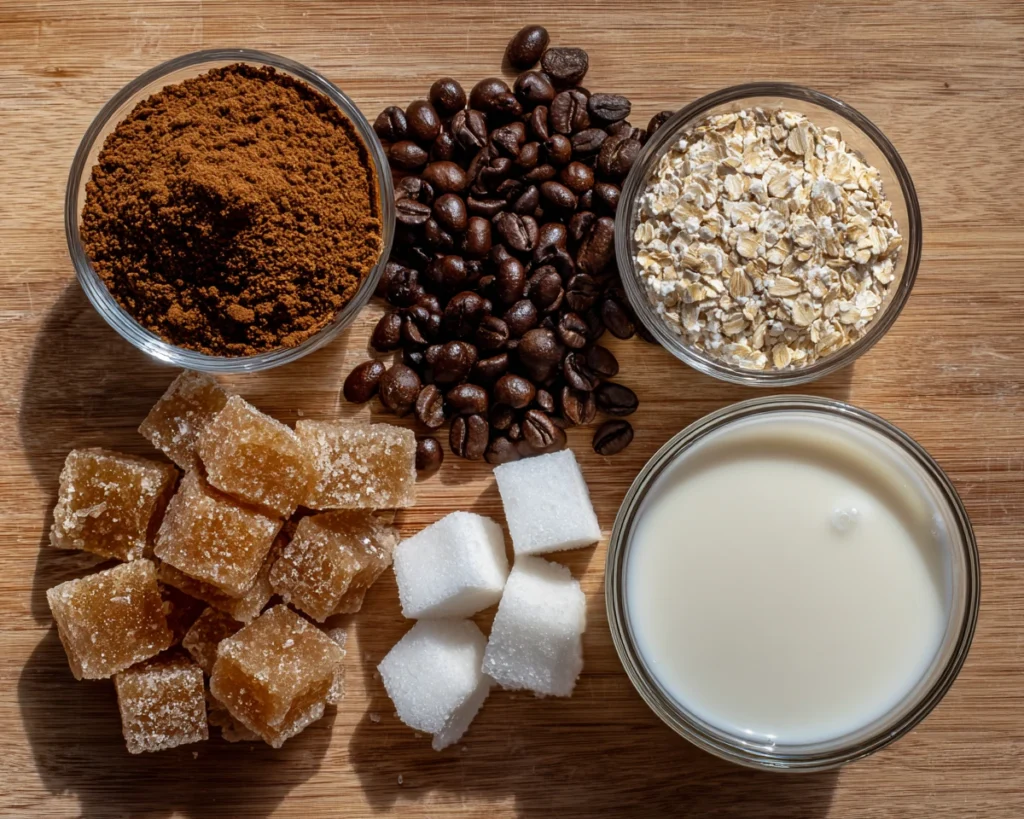 Ingredients for frozen dalgona coffee on kitchen counter