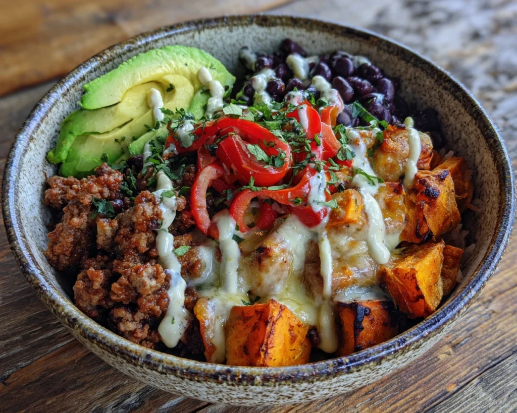 High protein taco bowl with beef, sweet potatoes, and beans