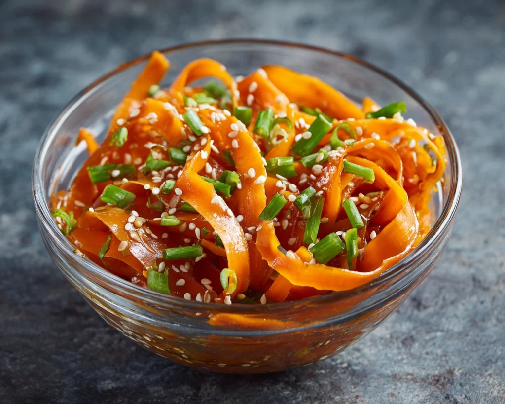 Carrots soaking in sesame-lime dressing