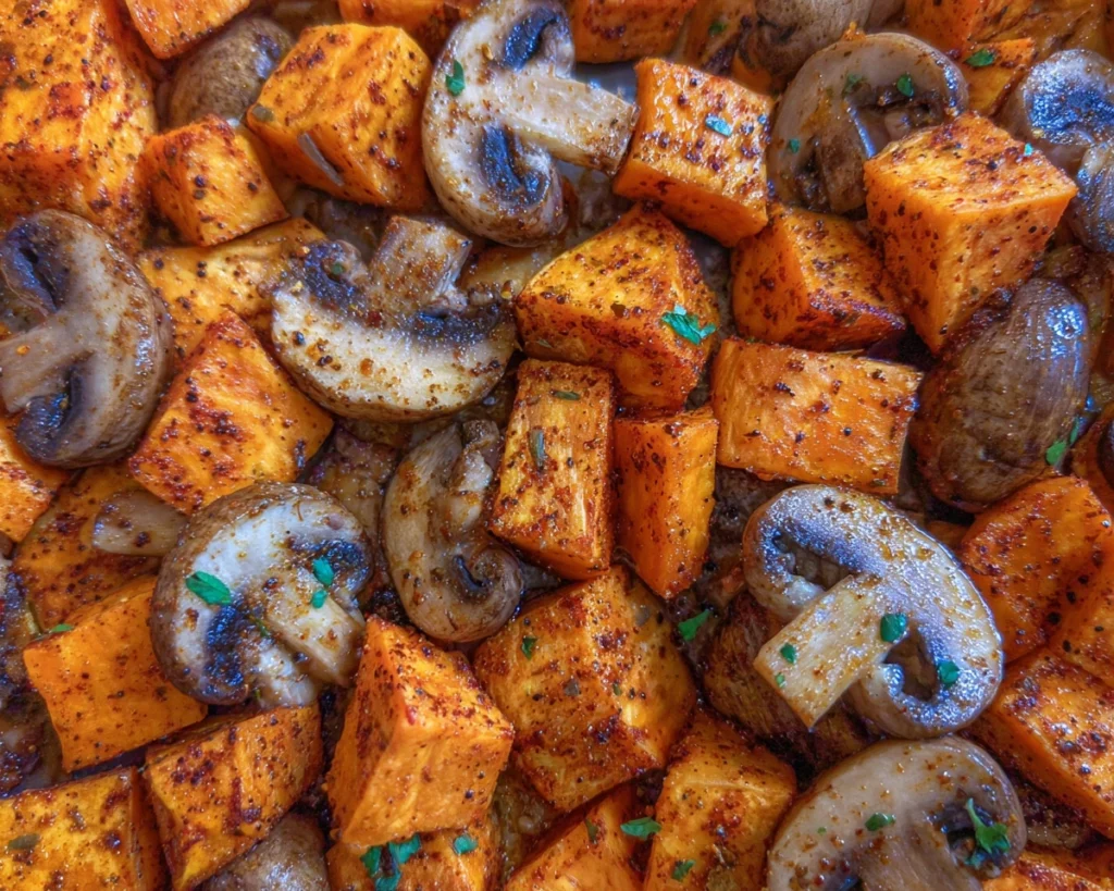 Sweet potatoes and mushrooms before roasting