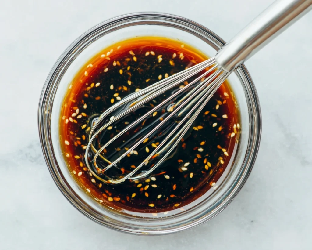 Whisking sesame lime dressing in glass bowl