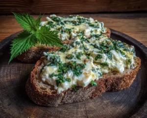 Stinging nettle cheese on Belgian rye with herbs