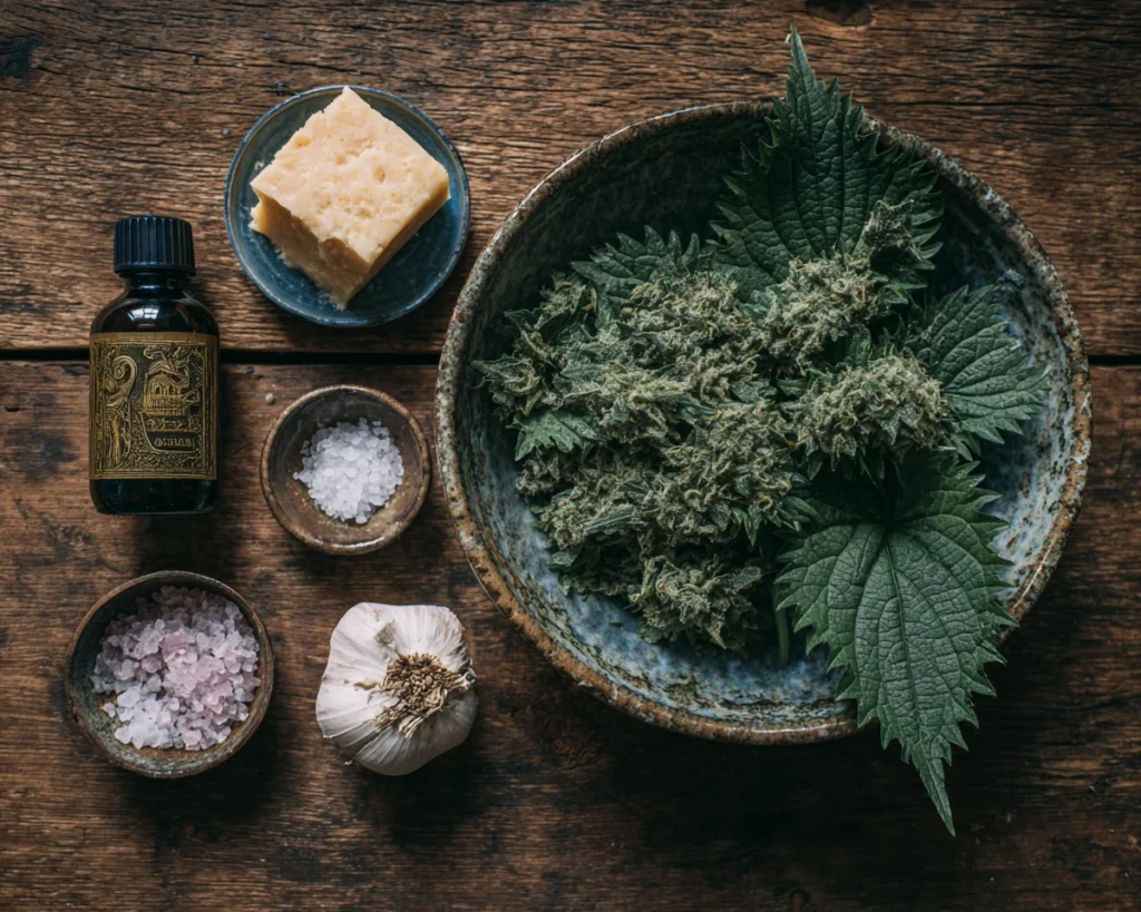 Ingredients for stinging nettle cheese from Belgium