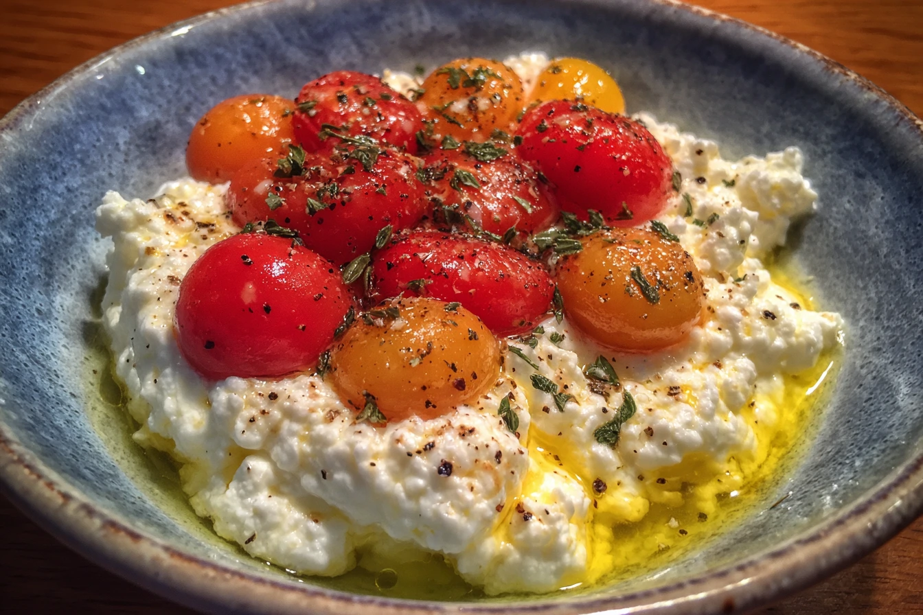Breakstone cottage cheese in a bowl with cracked pepper and tomatoes