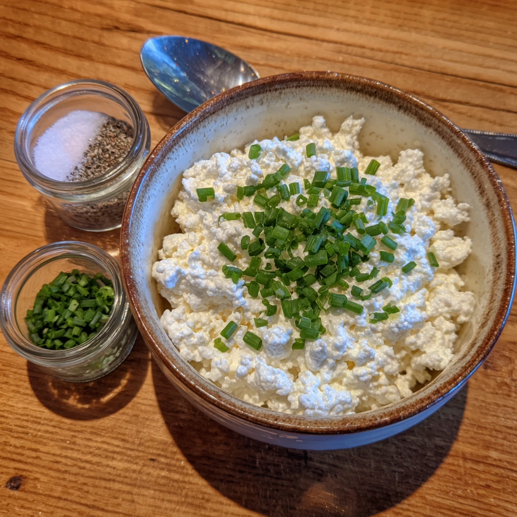 Breakstone cottage cheese container next to fresh toppings and seasonings