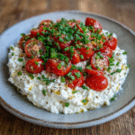 Bowl of Breakstone cottage cheese with tomatoes and herbs on a rustic table