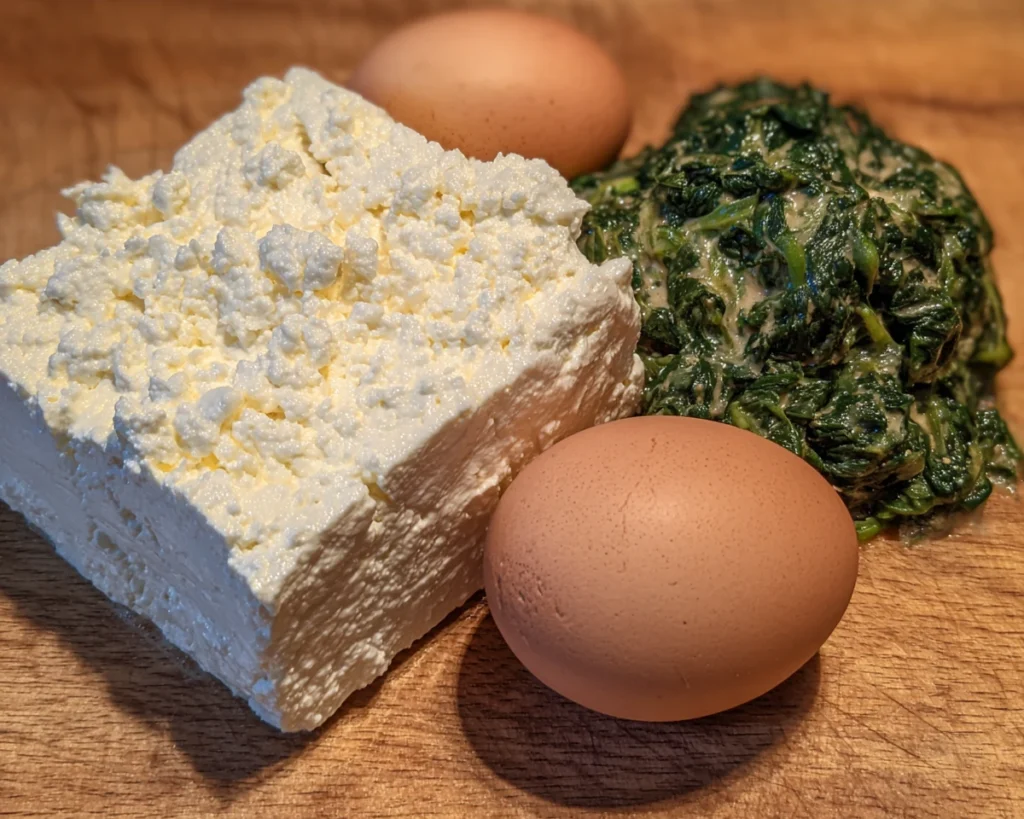Ingredients used in easy cottage cheese dry curd recipes including eggs, spinach, and cheese.