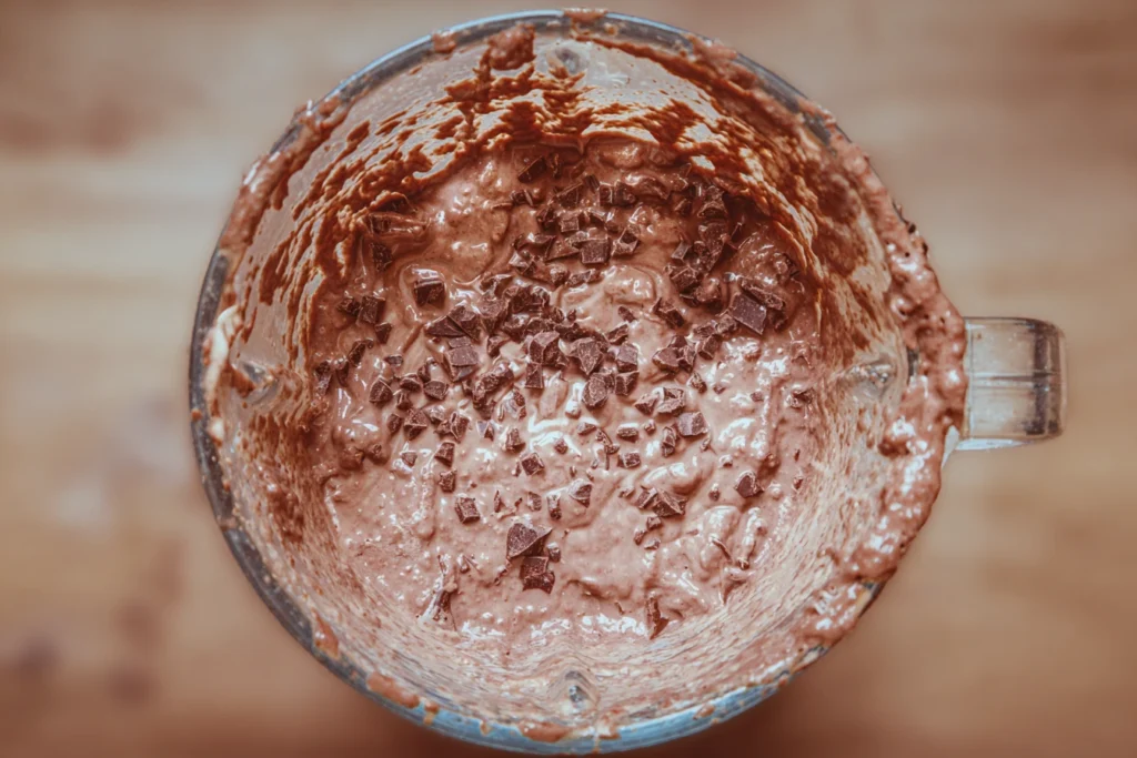 Chocolate fudge mixture made from cottage cheese being blended.
