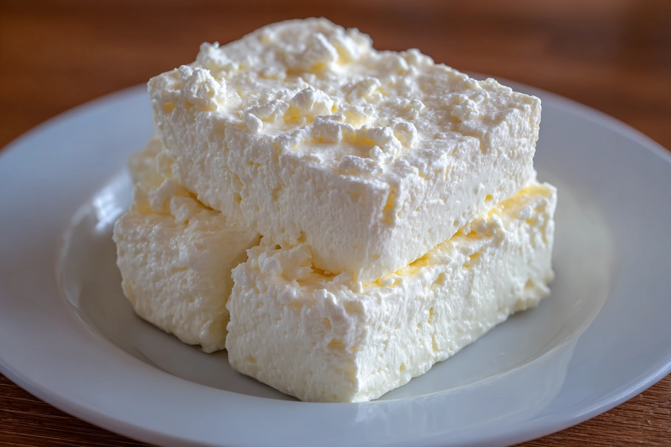 Sliced cottage cheese fudge on a white plate with creamy texture.
