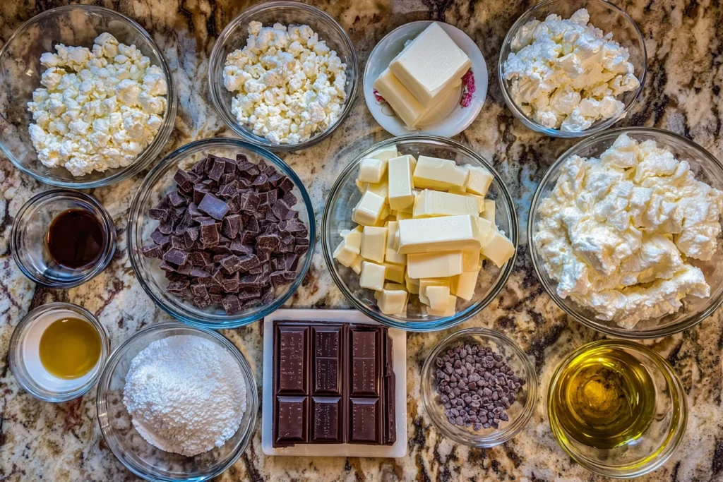 Ingredients for cottage cheese fudge arranged on a wood counter.