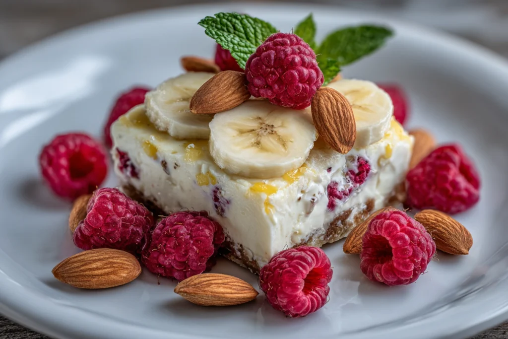 Cottage cheese fudge square served with sliced banana, almonds, and berries.