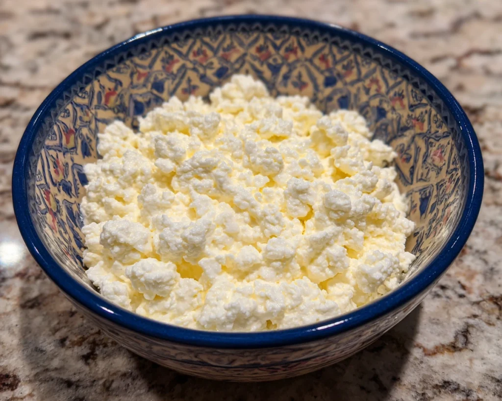 Dry curd cottage cheese mixture before going into the oven.