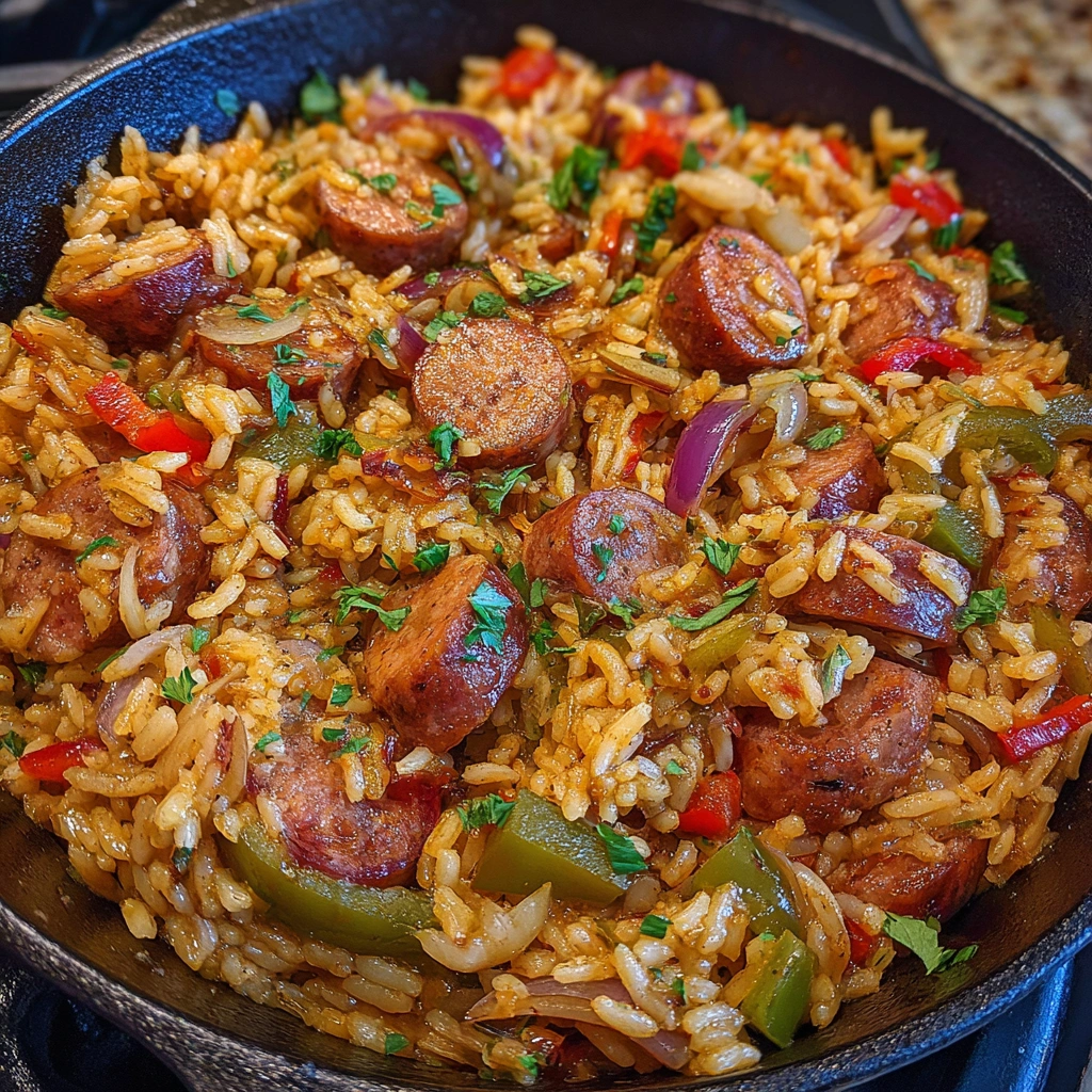 Cajun sausage and rice in a skillet with colorful peppers