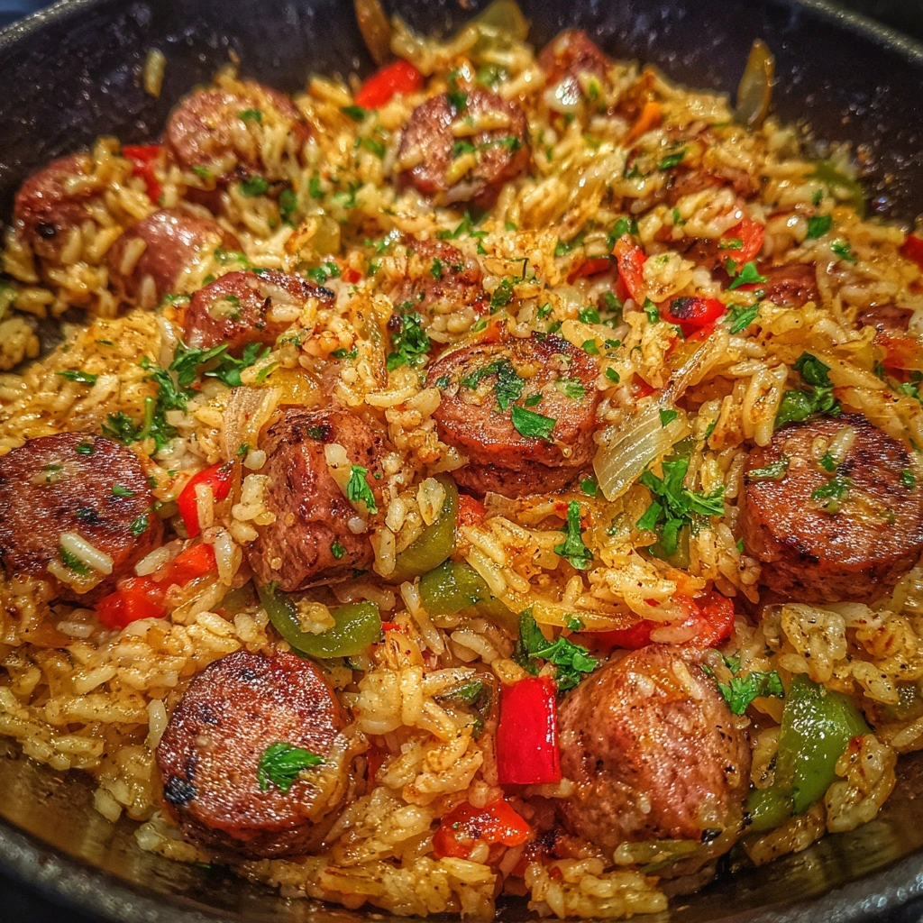 Top-down shot of skillet rice with sausage and herbs