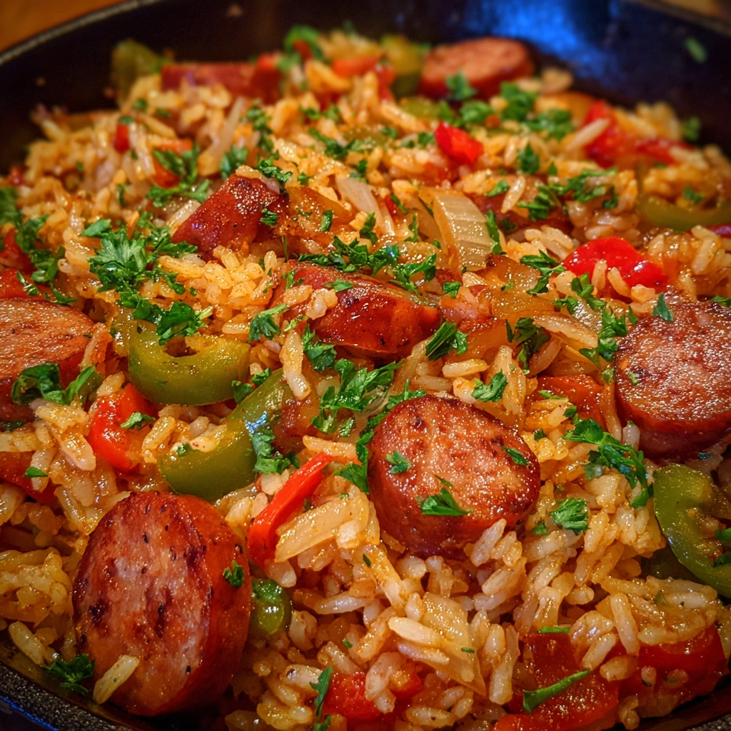 Spoon lifting a serving of rice and sausage from the pan