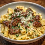 Cajun steak tips over rigatoni pasta in a rich, cheesy Parmesan sauce.