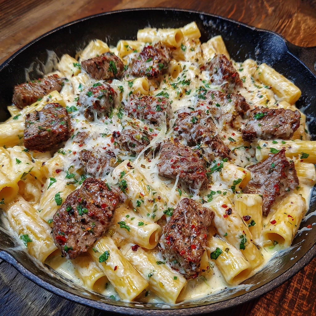 Cajun Steak Tips in Cheesy Rigatoni Parmesan Sauce