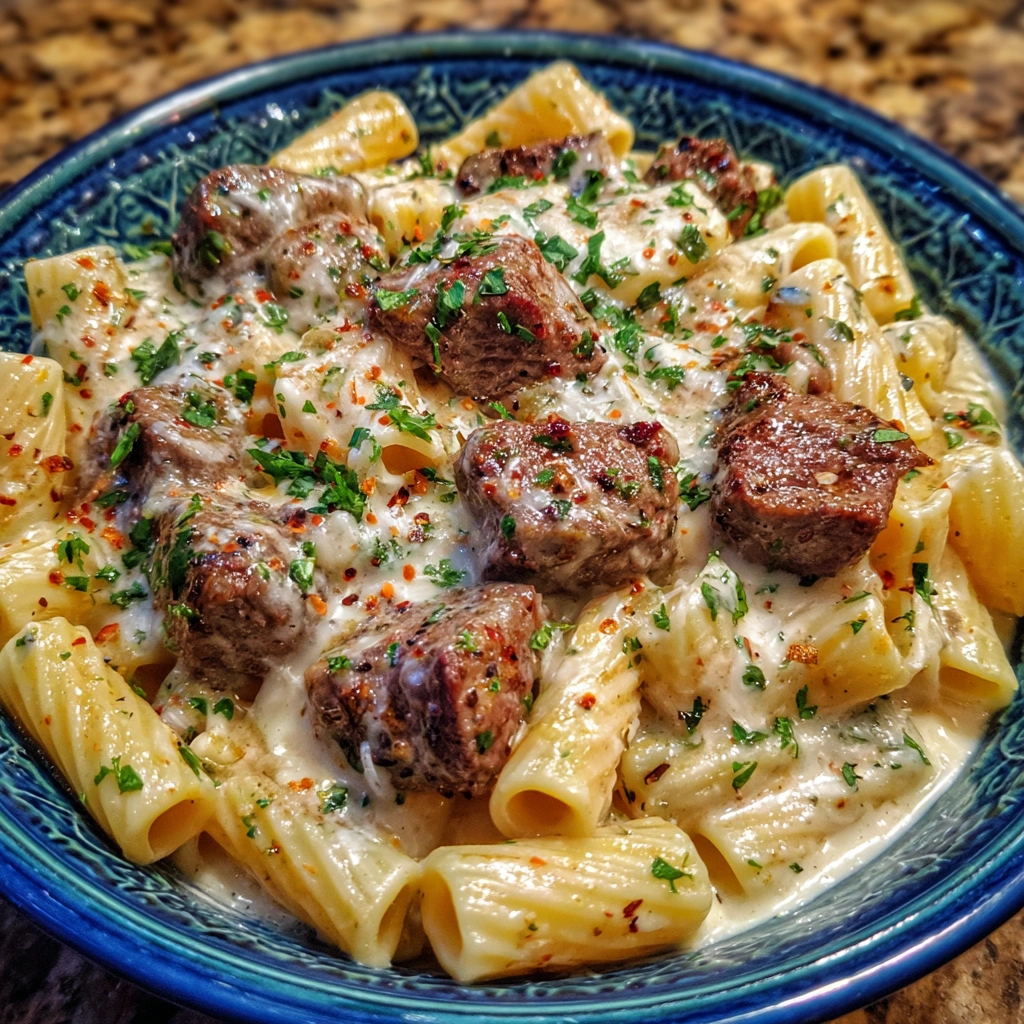 Halal Cajun beef tips on creamy Parmesan rigatoni in a skillet.