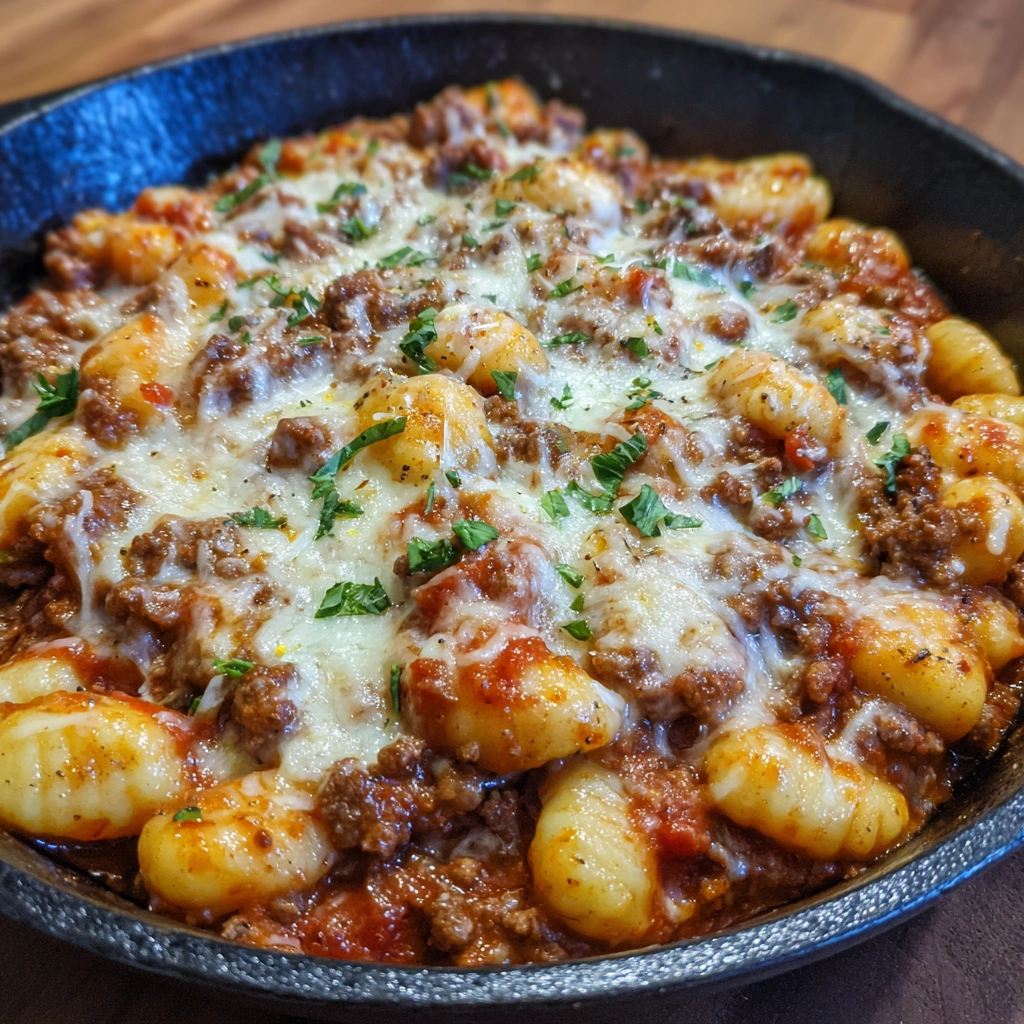 Golden cheesy gnocchi bake with hearty Bolognese sauce in a casserole dish