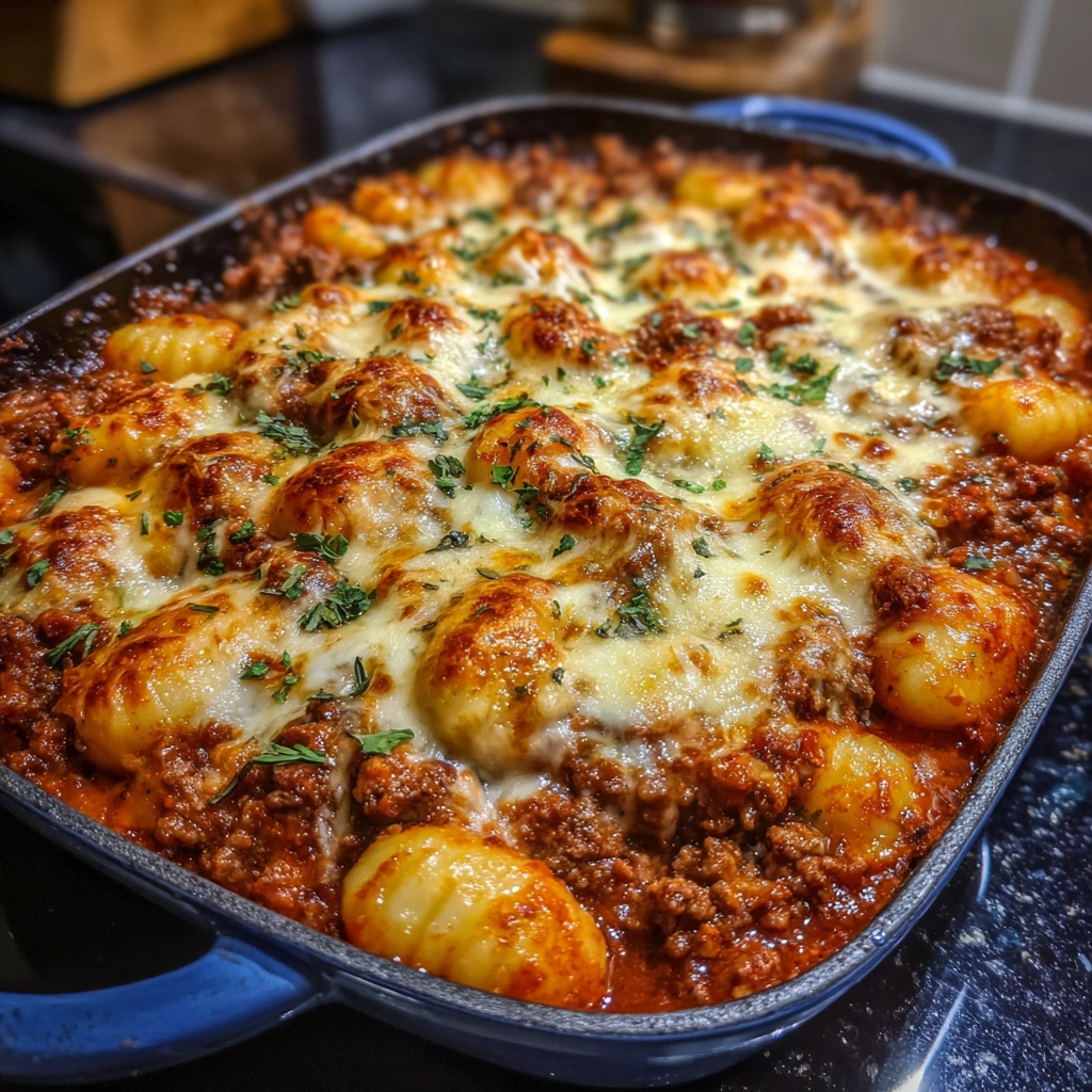 Close-up of melted cheese stretching over a scoop of gnocchi and beef