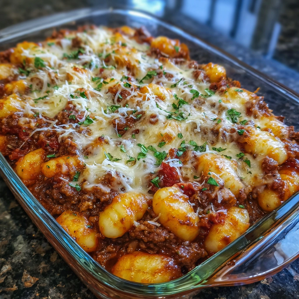 Overhead shot of a family-style gnocchi casserole served with basil