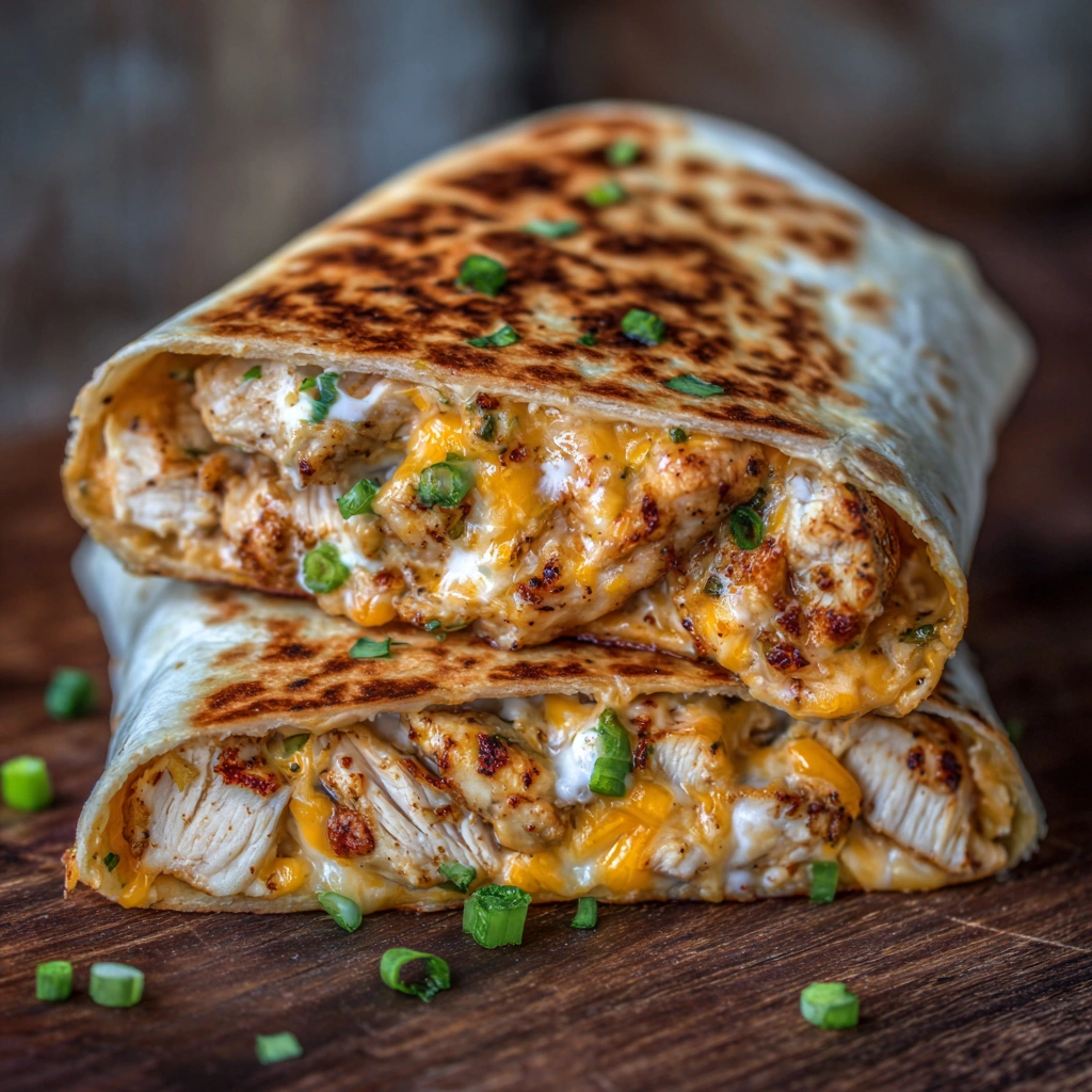 A crispy grilled chicken wrap oozing with melted cheese