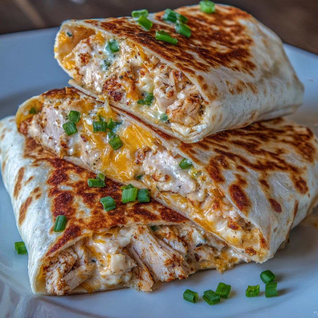 Golden brown wrap sliced in half, revealing juicy chicken and melted cheese