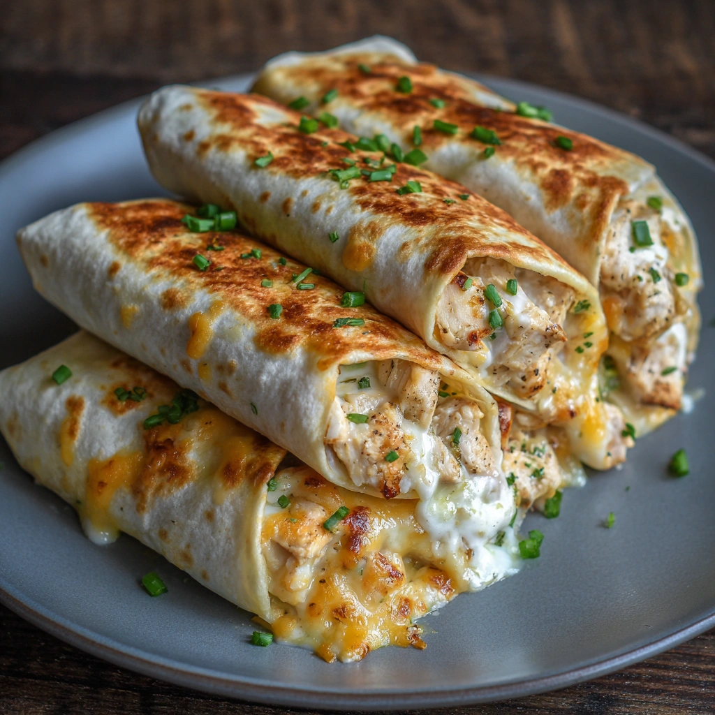 Four grilled wraps on a wooden board with herbs and cheese