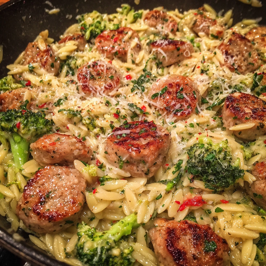 Creamy chicken sausage orzo with broccoli in a skillet